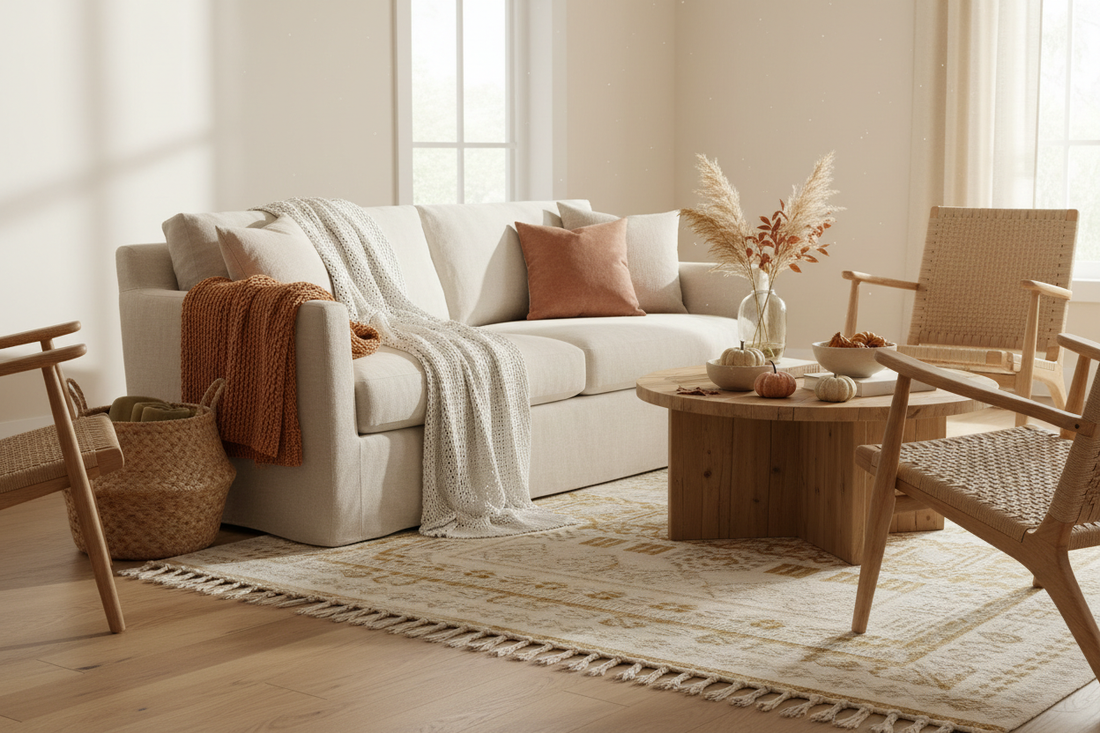 A cozy living room transitioning from summer to fall with natural daylight, a neutral sofa, layered textured blankets, and natural wood and bamboo accents in muted autumn tones