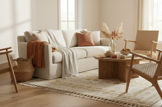 A cozy living room transitioning from summer to fall with natural daylight, a neutral sofa, layered textured blankets, and natural wood and bamboo accents in muted autumn tones